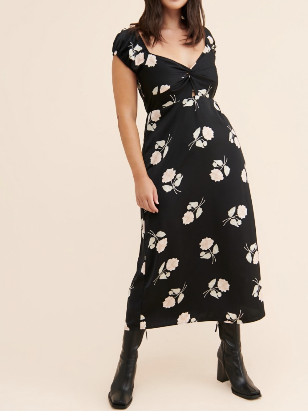 saltwater LUXE Black Midi Dress with Pale Pink Floral Print